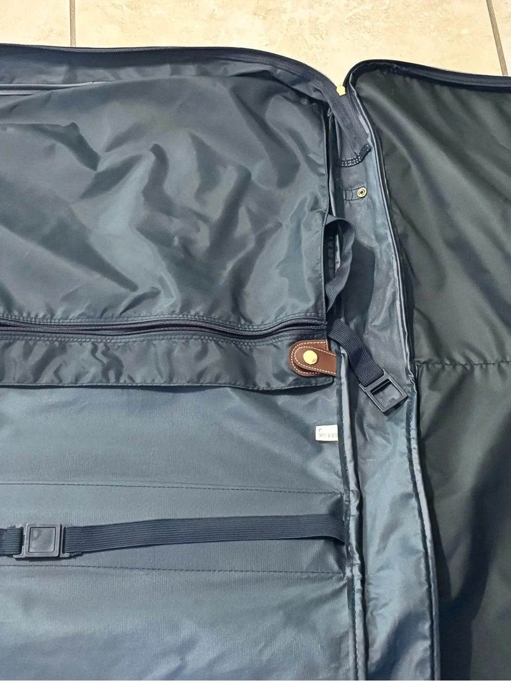 Express Navy Garment Bag with Brown Trim and Hanging Hook